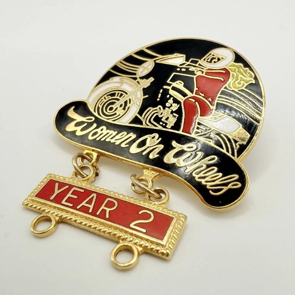 Vintage Women On‎ Wheels Motorcycle Gold Tone Lapel Pin Year 2 Dangle Screwback